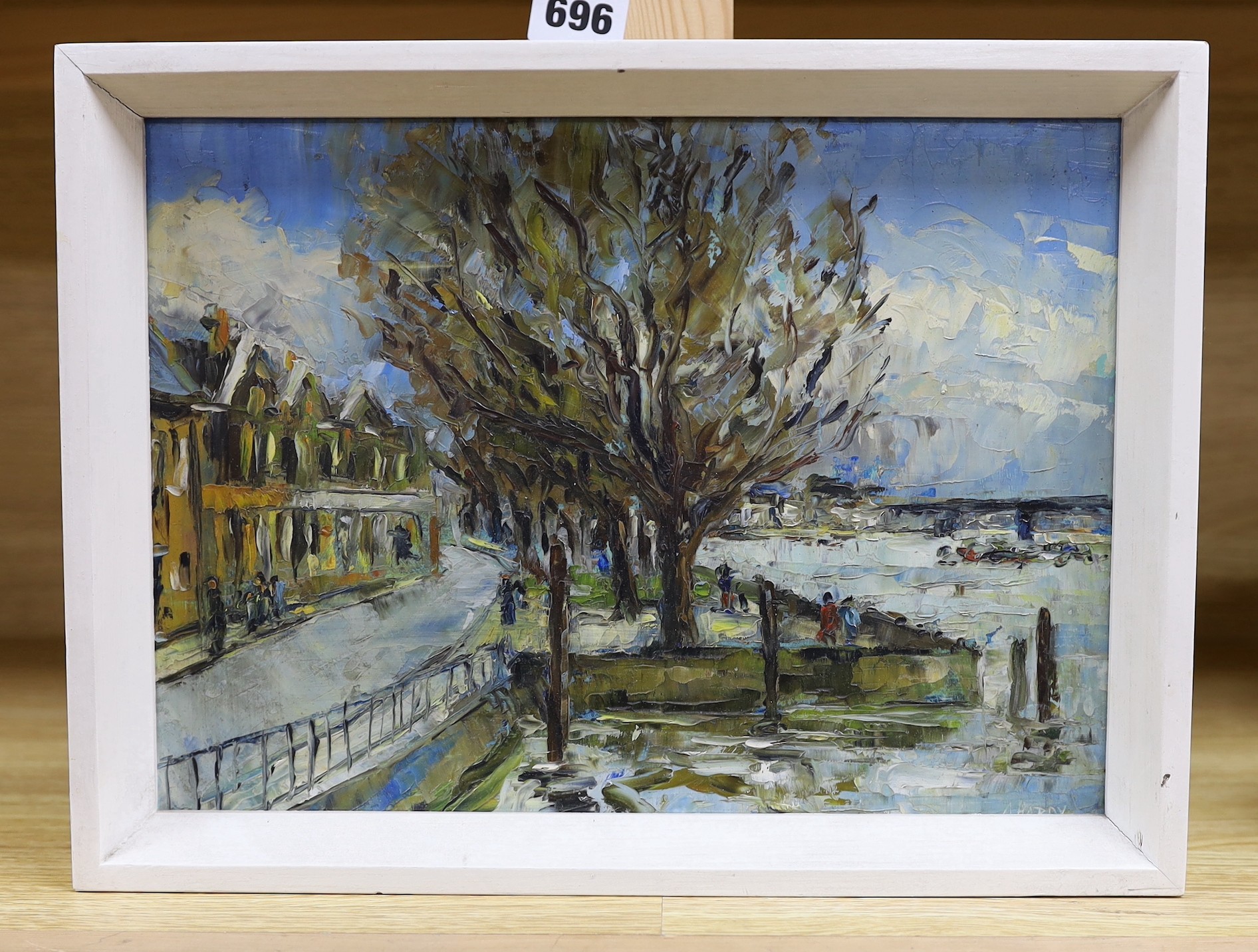 A. Hardy, 20th century, oil on board, Riverside town, signed, 21 x 29cm